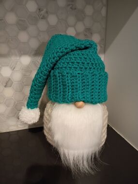 Handmade Teal Knit Gnome with White Beard